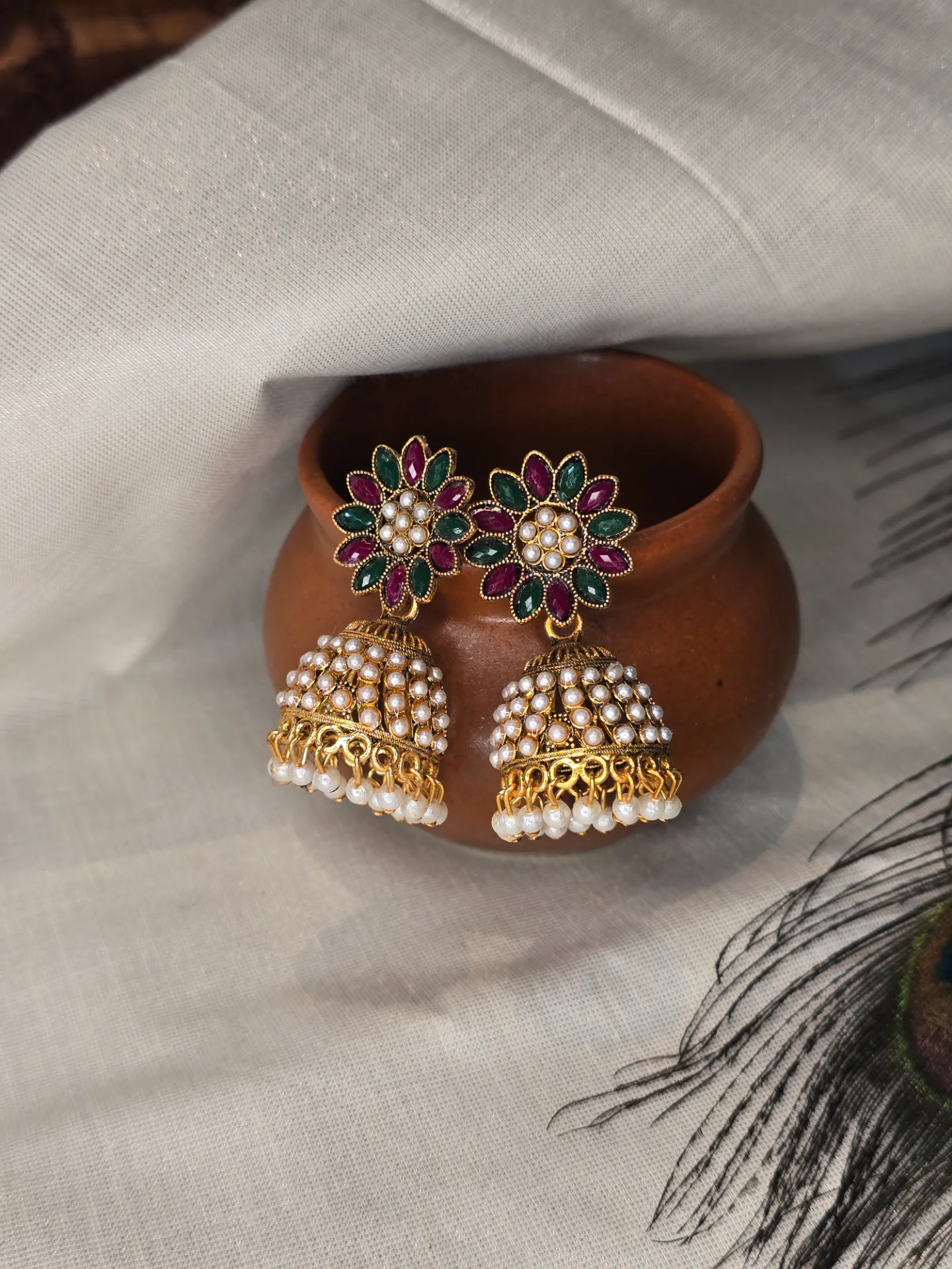 Floral Jhumka Earrings with Pearl Clusters